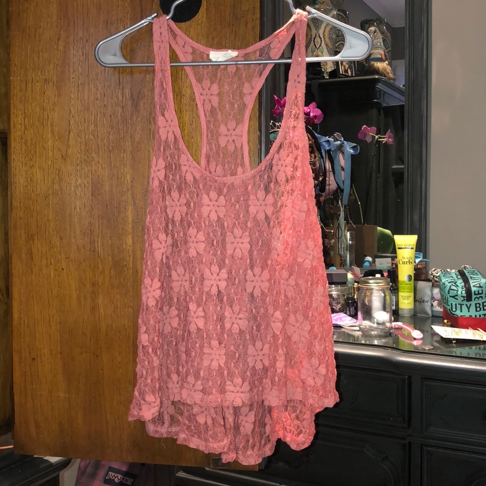 Pink lace razor back tank top